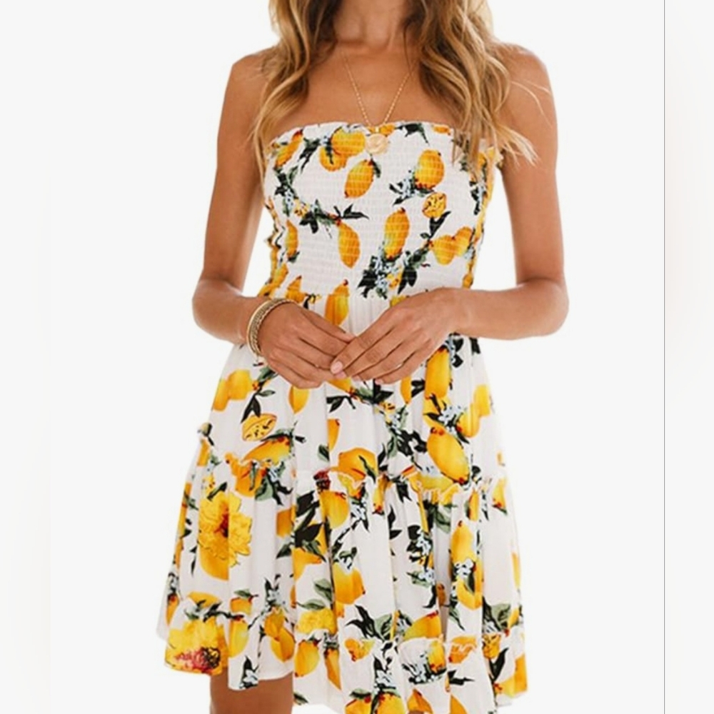 Strapless Lemon Floral Ruffle Dress Size Medium